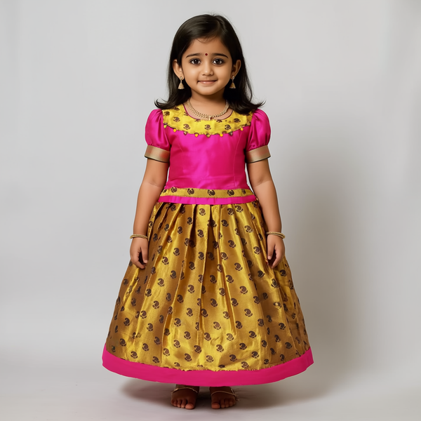 SRI LAKSHMI NARAYANA  Girls Traditional Indian Lehenga Choli Set, Pink ,Jacquard Silk Pattu Pavada 925SP