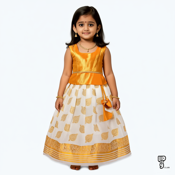 SRI LAKSHMI NARAYANA  Girls Traditional Indian Lehenga Choli Set, Yellow, Tissue - Kerala Cotton Pattu Pavada