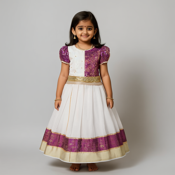 SHREE DEVI  Girls Traditional Indian Lehenga Choli Set, Blue and White ,Jackuard Tissue Cotton Pattu Pavada