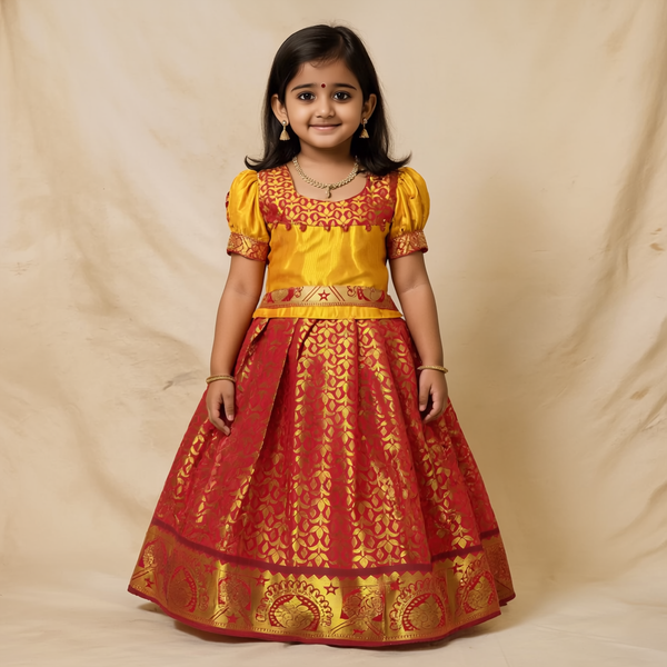 SRI LAKSHMI NARAYANA  Girls Traditional Indian Lehenga Choli Set, Yellow ,Jacquard Silk Pattu Pavada 925SP