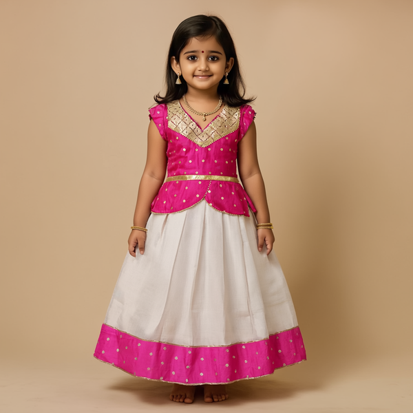 SHREE DEVI  Girls Traditional Indian Lehenga Choli Set, Pink,Taffeta  Silk Tissue Cotton Pattu Pavada