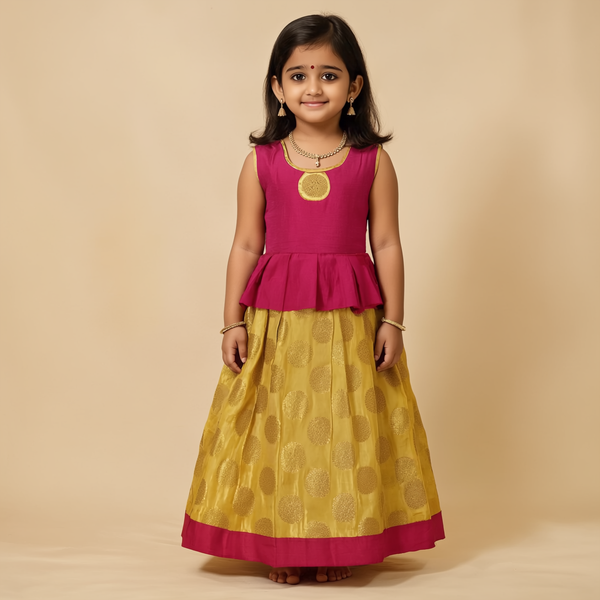 SRI LAKSHMI NARAYANA  Girls Traditional Indian Lehenga Choli Set, Red and Yellow,Tafeta - Slub Silk,Pattu Pavada 310SPT