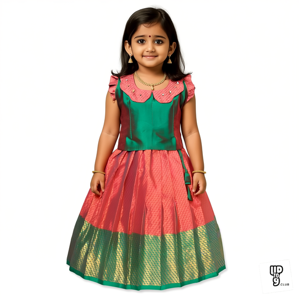 SRI LAKSHMI NARAYANA  Girls Traditional Indian Lehenga Choli Set, Green and Red, Muslin Silk Pattu Pavada 353SP