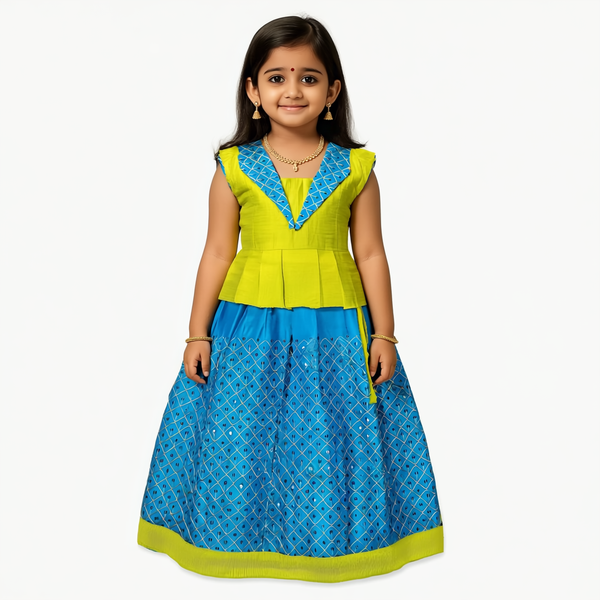 SRI LAKSHMI NARAYANA  Girls Traditional Indian Lehenga Choli Set, Blue and Green, Banarasi Silk Pattu Pavada 334SP