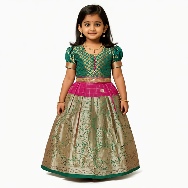 SRI LAKSHMI NARAYANA  Girls Traditional Indian Lehenga Choli Set, Green , Banarasi Silk Pattu Pavada