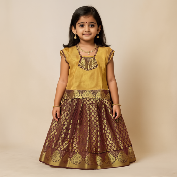 BABY LAKSHMI Half Puffed Sleeves Patch Embroidered Abstract Foil Printed Pattu Pavadai Set - Mango Gold