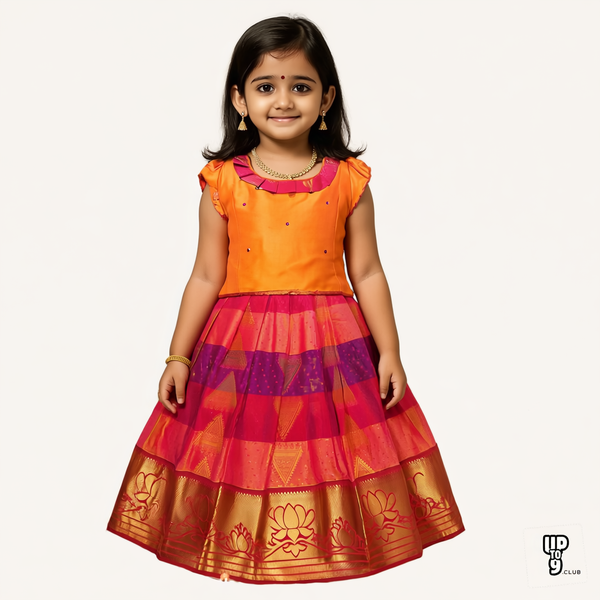 SRI LAKSHMI NARAYANA  Girls Traditional Indian Lehenga Choli Set, Golden and orange ,Embose Pattu Pavadai