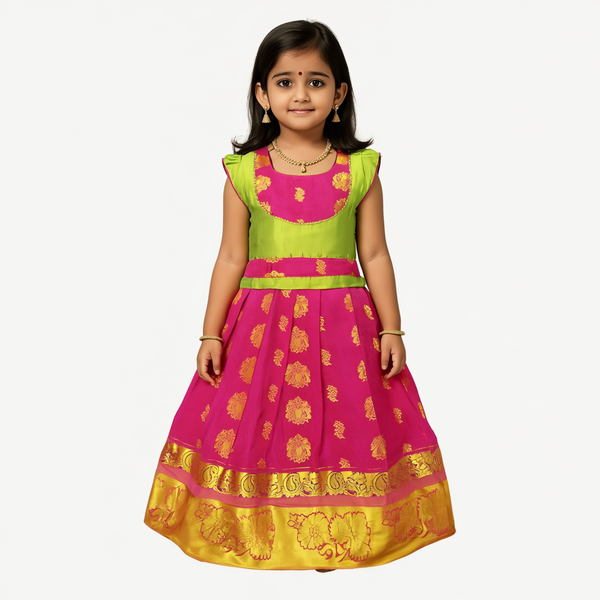 SRI LAKSHMI NARAYANA  Girls Traditional Indian Lehenga Choli Set, Pink and Green , Embose Pattu Pavada 142SP