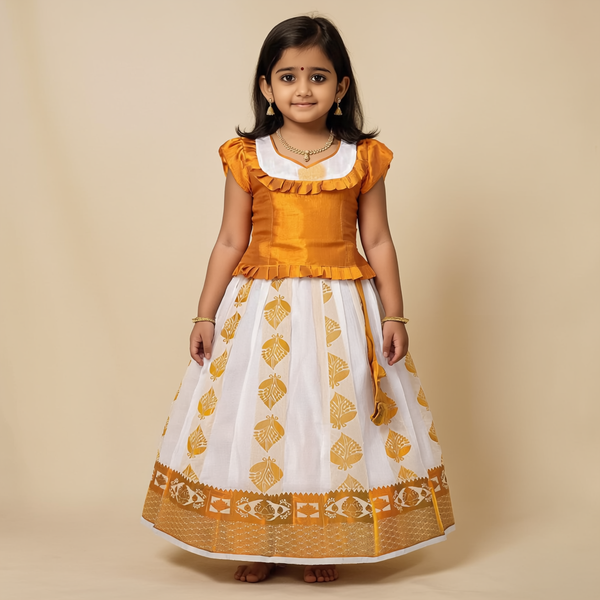 SRI LAKSHMI NARAYANA  Girls Traditional Indian Lehenga Choli Set, Yellow, Tissue - Kerala Cotton Pattu Pavada
