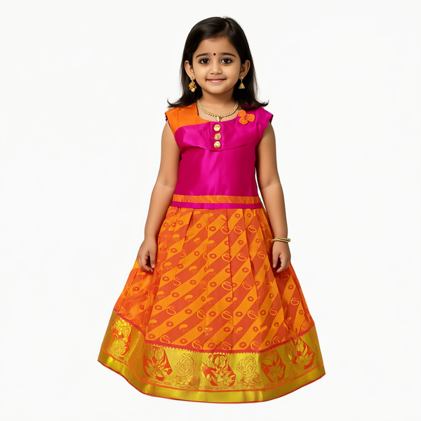 SRI LAKSHMI NARAYANA  Girls Traditional Indian Lehenga Choli Set, Orange and Pink, Embose Pattu Pavada 110SP