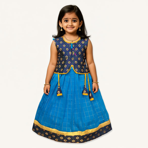 SRI LAKSHMI NARAYANA  Girls Traditional Indian Lehenga Choli Set, Blue , Banaras - Slub  Checkered  Silk Pattu Pavada 313SP