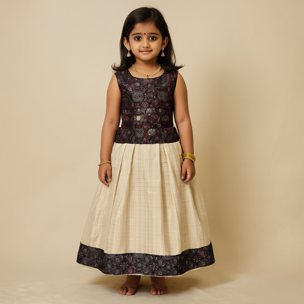 SHREE DEVI  Girls Traditional Indian Lehenga Choli Set, Black and White ,Ajrakh Silk Tissue Cotton Pattu Pavada