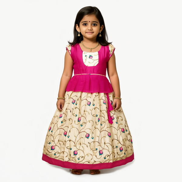 SRI LAKSHMI NARAYANA  Girls Traditional Indian Lehenga Choli Set, Red and Yellow, Banarasi Silk Pattu Pavada 335SP