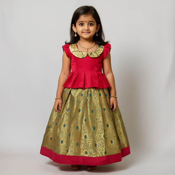SRI LAKSHMI NARAYANA  Girls Traditional Indian Lehenga Choli Set, Red and Purple , Banarasi Silk Pattu Pavada 344SP