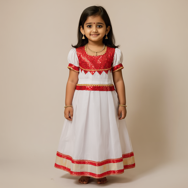 SHREE DEVI  Girls Traditional Indian Lehenga Choli Set, Blue and White ,Jackuard Tissue Cotton Pattu Pavada