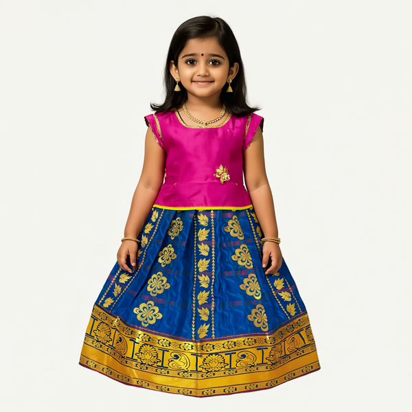 SRI LAKSHMI NARAYANA  Girls Traditional Indian Lehenga Choli Set, Pink and Blue ,Embose Pattu Pavada