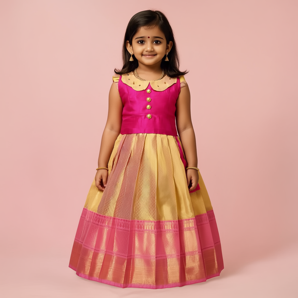 SRI LAKSHMI NARAYANA  Girls Traditional Indian Lehenga Choli Set, Pink, Muslin Silk Pattu Pavada 353SP