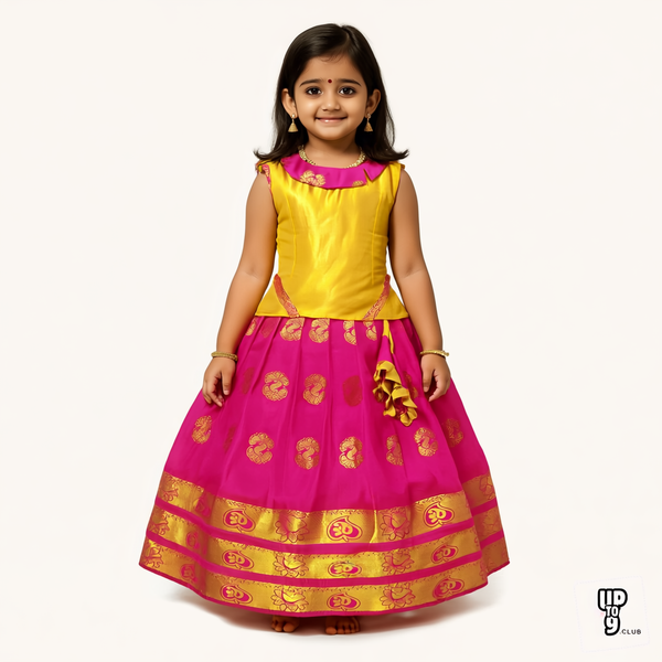 SRI LAKSHMI NARAYANA  Girls Traditional Indian Lehenga Choli Set, Pink and Orange ,Embose Pattu Pavada 128VP