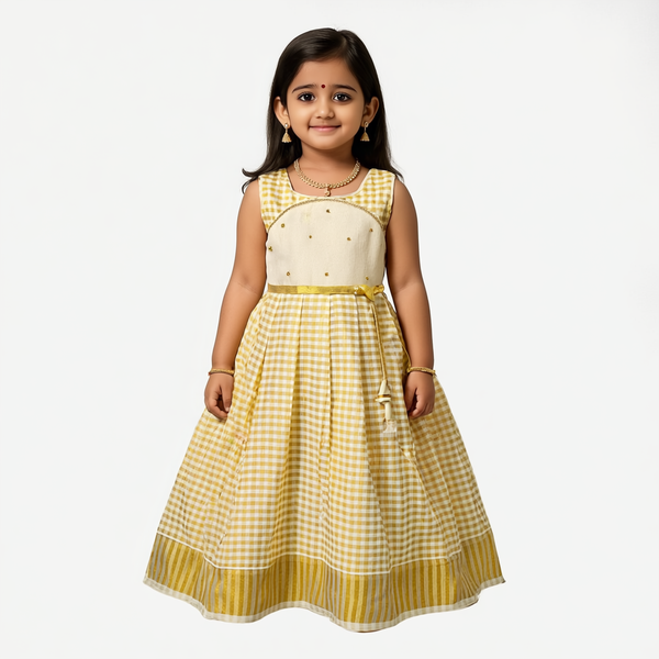 SHREE DEVI  Girls Traditional Indian Lehenga Choli Set, Yellow and White ,Checked Tissue Cotton Pattu Pavada