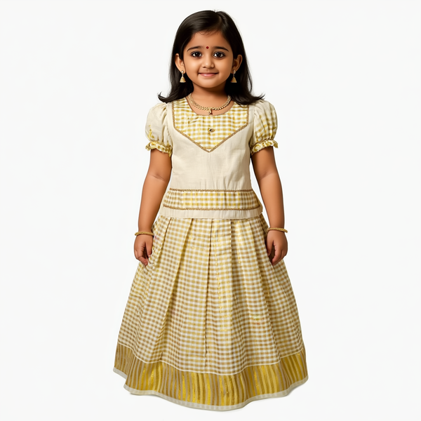 SHREE DEVI  Girls Traditional Indian Lehenga Choli Set, Yellow and White ,Checked Tissue Cotton Pattu Pavada Frock