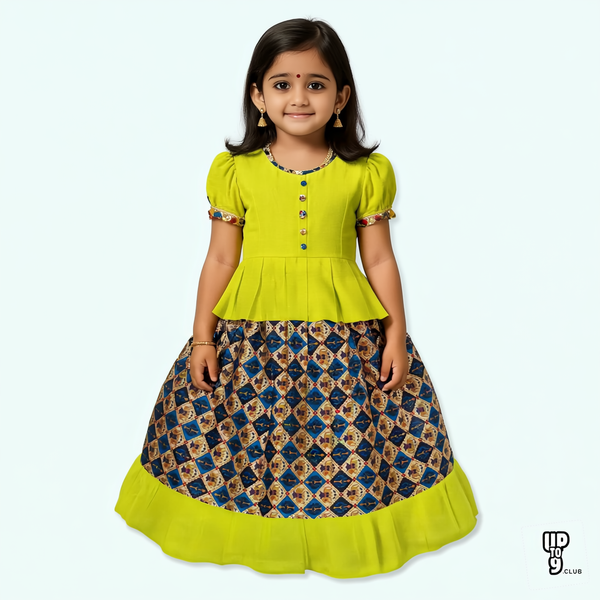 SRI LAKSHMI NARAYANA  Girls Traditional Indian Lehenga Choli Set, Green,  Cotton Pattu Pavada 620SP