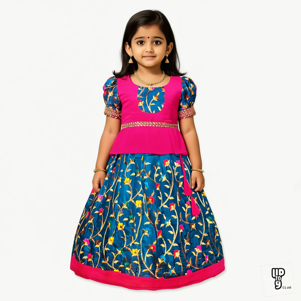 SRI LAKSHMI NARAYANA  Girls Traditional Indian Lehenga Choli Set, Red and Blue , Banarasi Silk Pattu Pavada 335SP