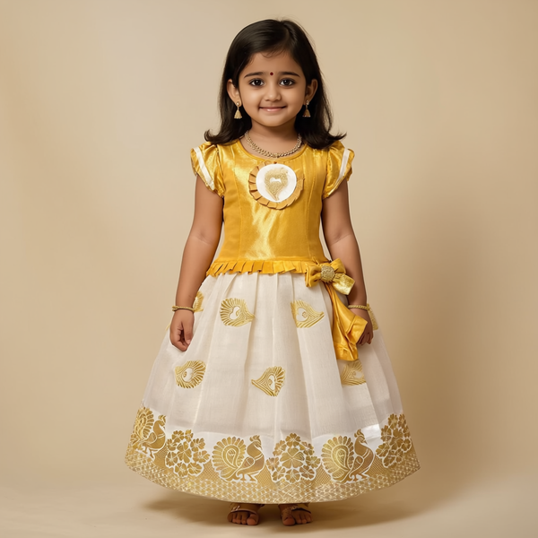 SRI LAKSHMI NARAYANA  Girls Traditional Indian Lehenga Choli Set, Yellow, Tissue - Kerala Cotton Pattu Pavada