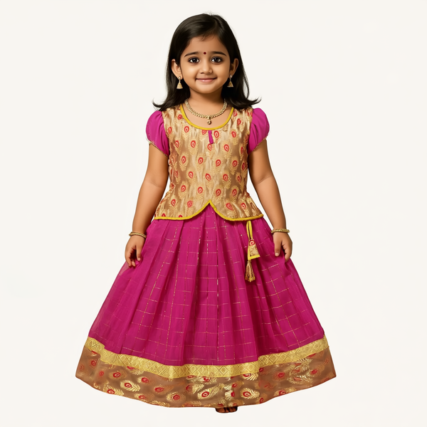 SRI LAKSHMI NARAYANA  Girls Traditional Indian Lehenga Choli Set, Pink and Gold , Banaras - Slub  Checkered  Silk Pattu Pavada