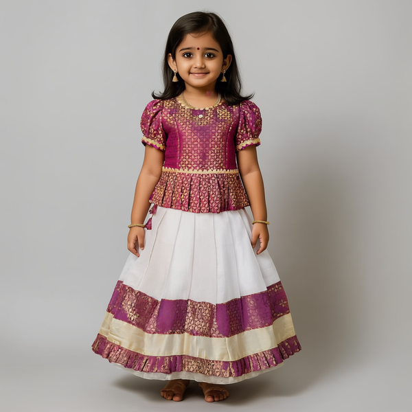 SHREE DEVI  Girls Traditional Indian Lehenga Choli Set, DARK PINK  and White ,Jackuard Tissue Cotton Pattu Pavada