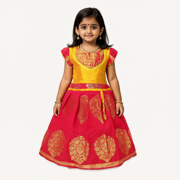 SRI LAKSHMI NARAYANA  Girls Traditional Indian Lehenga Choli Set, Red and Yellow, Chanderi Silk Pattu Pavada 327SP