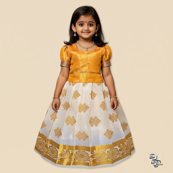 SRI LAKSHMI NARAYANA  Girls Traditional Indian Lehenga Choli Set, Yellow, Tissue - Cotton Pattu Pavada