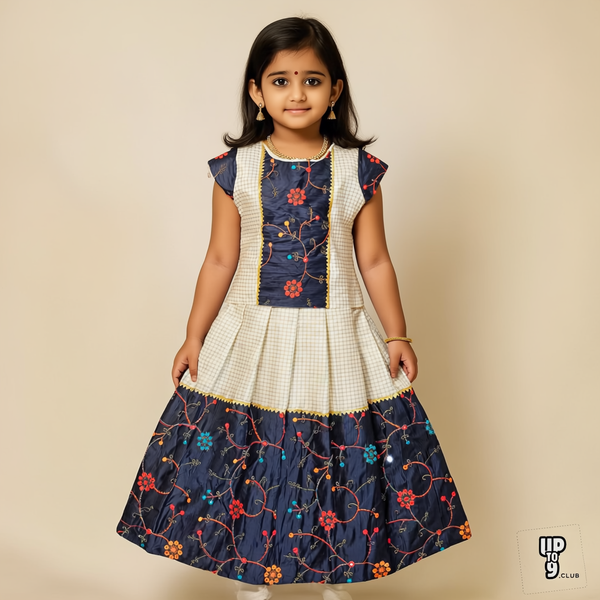 SHREE DEVI  Girls Traditional Indian Lehenga Choli Set, Balck and White ,Tissue Cotton Pattu Pavada Frock