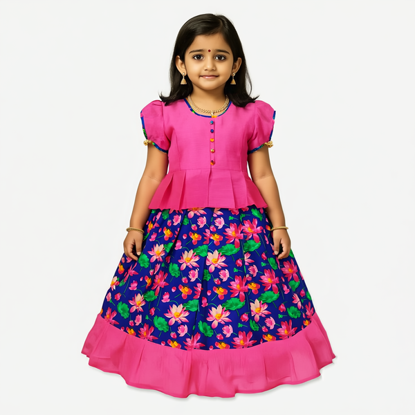 SRI LAKSHMI NARAYANA  Girls Traditional Indian Lehenga Choli Set, Pink,  Cotton Pattu Pavada 620SP