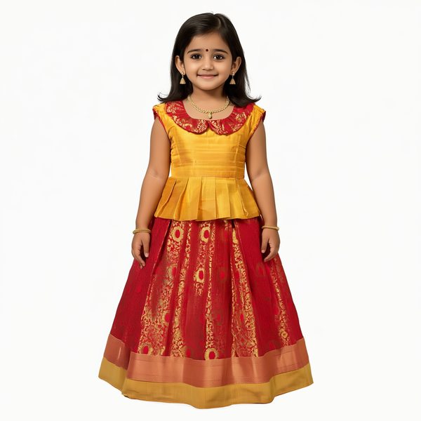 SRI LAKSHMI NARAYANA  Girls Traditional Indian Lehenga Choli Set, Red and Golden, Banarasi Silk Pattu Pavada