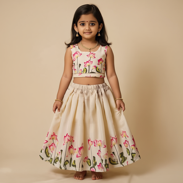 SRI LAKSHMI NARAYANA  Girls Traditional Indian Lehenga Choli Set, Gray, Tissue - Kasavu Cotton Pattu Pavada