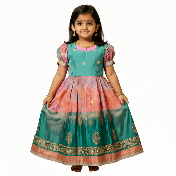 SRI LAKSHMI NARAYANA  Girls Traditional Indian Lehenga Choli Set, Pink, Semi Silk Pattu Pavada 356SP
