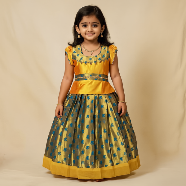 SRI LAKSHMI NARAYANA  Girls Traditional Indian Lehenga Choli Set, Yellow ,Jacquard Silk Pattu Pavada 925SP
