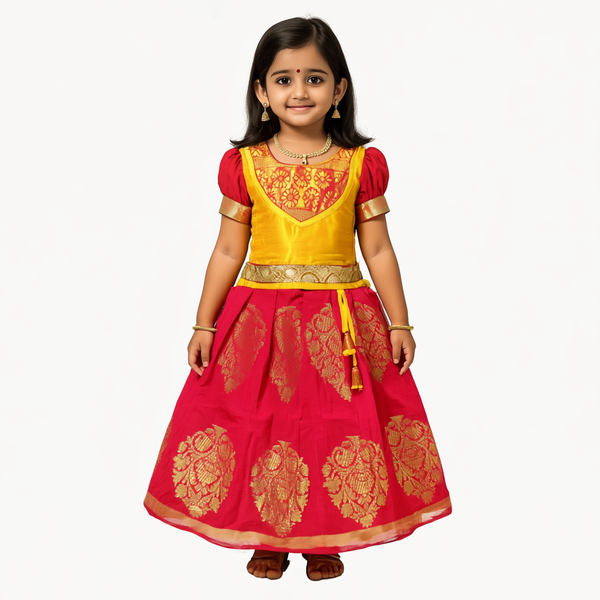 SRI LAKSHMI NARAYANA  Girls Traditional Indian Lehenga Choli Set, yellow and Red ,Art Silk Embose Pattu Pavada 138SP