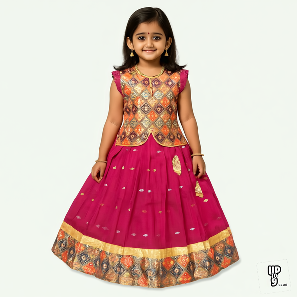 SRI LAKSHMI NARAYANA  Girls Traditional Indian Lehenga Choli Set, Pink ,Digital Silk Pattu Pavada 354SP
