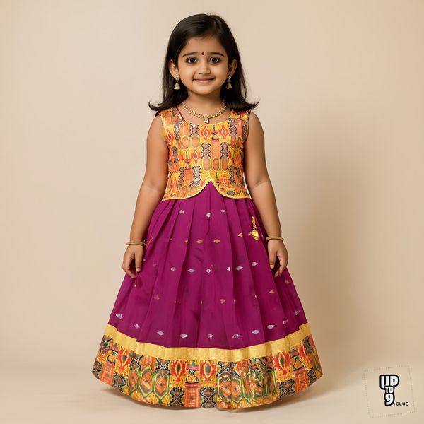 SRI LAKSHMI NARAYANA  Girls Traditional Indian Lehenga Choli Set, Beige ,Digital Silk Pattu Pavada 354SP