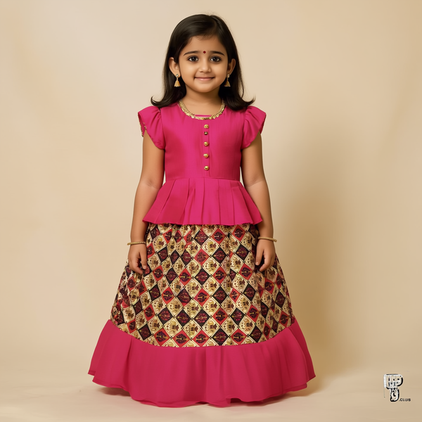 SRI LAKSHMI NARAYANA  Girls Traditional Indian Lehenga Choli Set, Pink,  Cotton Pattu Pavada 620SP