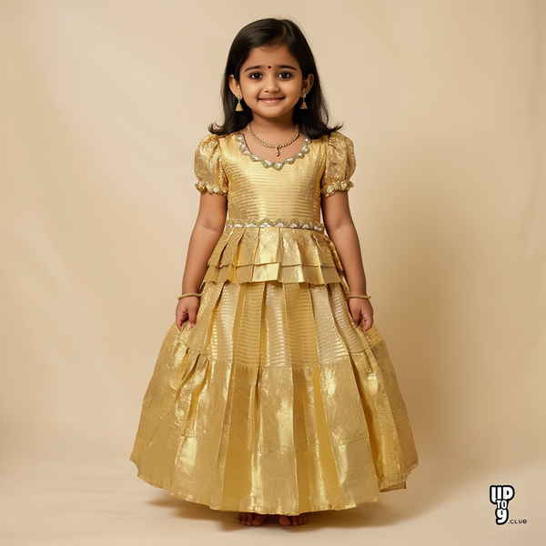 SRI LAKSHMI NARAYANA PREMUIM  Girls Traditional Indian Lehenga Choli Set, Golden , Chanderi Silk Pattu Pavada