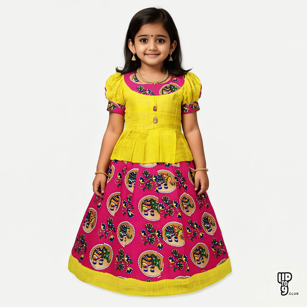 SRI LAKSHMI NARAYANA  Girls Traditional Indian Lehenga Choli Set, Yellow,Banarasi  Silk Pattu Pavada 621SP