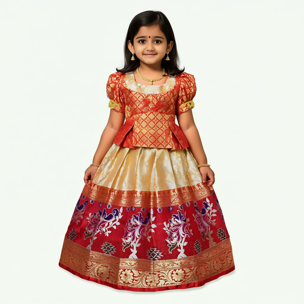 SRI LAKSHMI NARAYANA  Girls Traditional Indian Lehenga Choli Set, Red ,Chanderi Silk Pattu Pavada 350SP