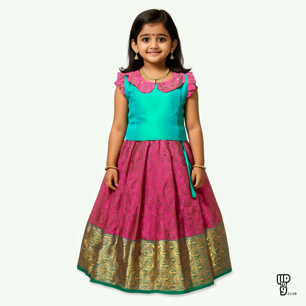 SRI LAKSHMI NARAYANA  Girls Traditional Indian Lehenga Choli Set, Green and Red, Muslin Silk Pattu Pavada 353SP