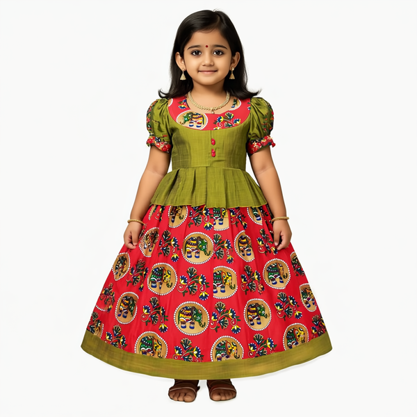 SRI LAKSHMI NARAYANA  Girls Traditional Indian Lehenga Choli Set, Green ,Banarasi  Silk Pattu Pavada 621SP
