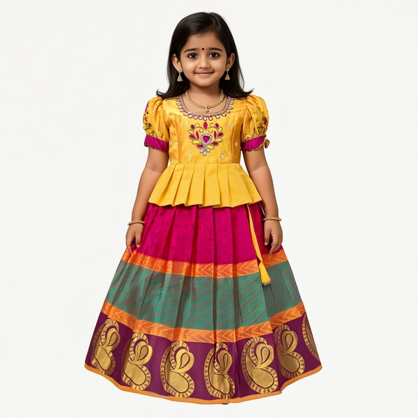 SRI LAKSHMI NARAYANA PREMUIM Girls Traditional Indian Lehenga Choli Set, Yellow Red and Green,Pure Silk Pattu Pavada 145SP