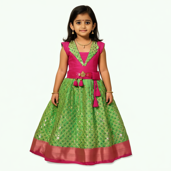 SRI LAKSHMI NARAYANA  Girls Traditional Indian Lehenga Choli Set, Red and Green, Banarasi Silk Pattu Pavada 334SP