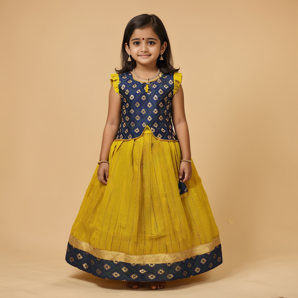 SRI LAKSHMI NARAYANA  Girls Traditional Indian Lehenga Choli Set, Dark Blue and Yellow, Banaras - Slub  Checkered  Silk Pattu Pavada