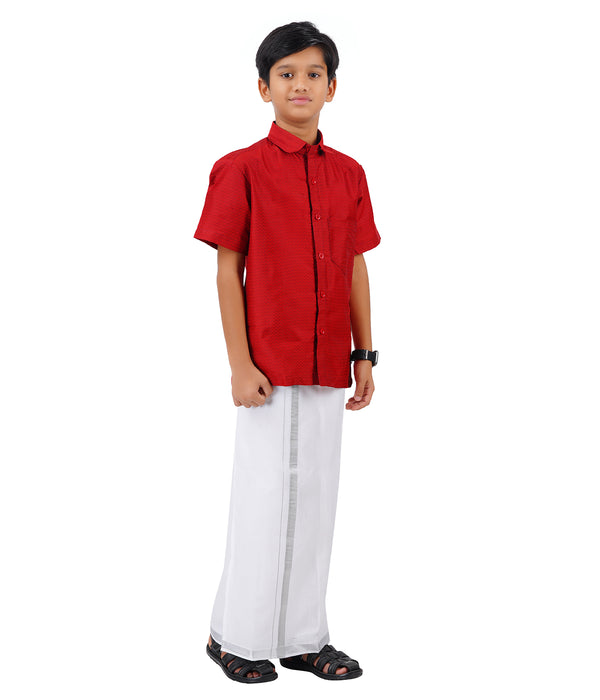 SKV ETHNIVERSE Padmaavathi's Ethnic Wear Boys' Silk Shirt & Dhoti Set - Red color